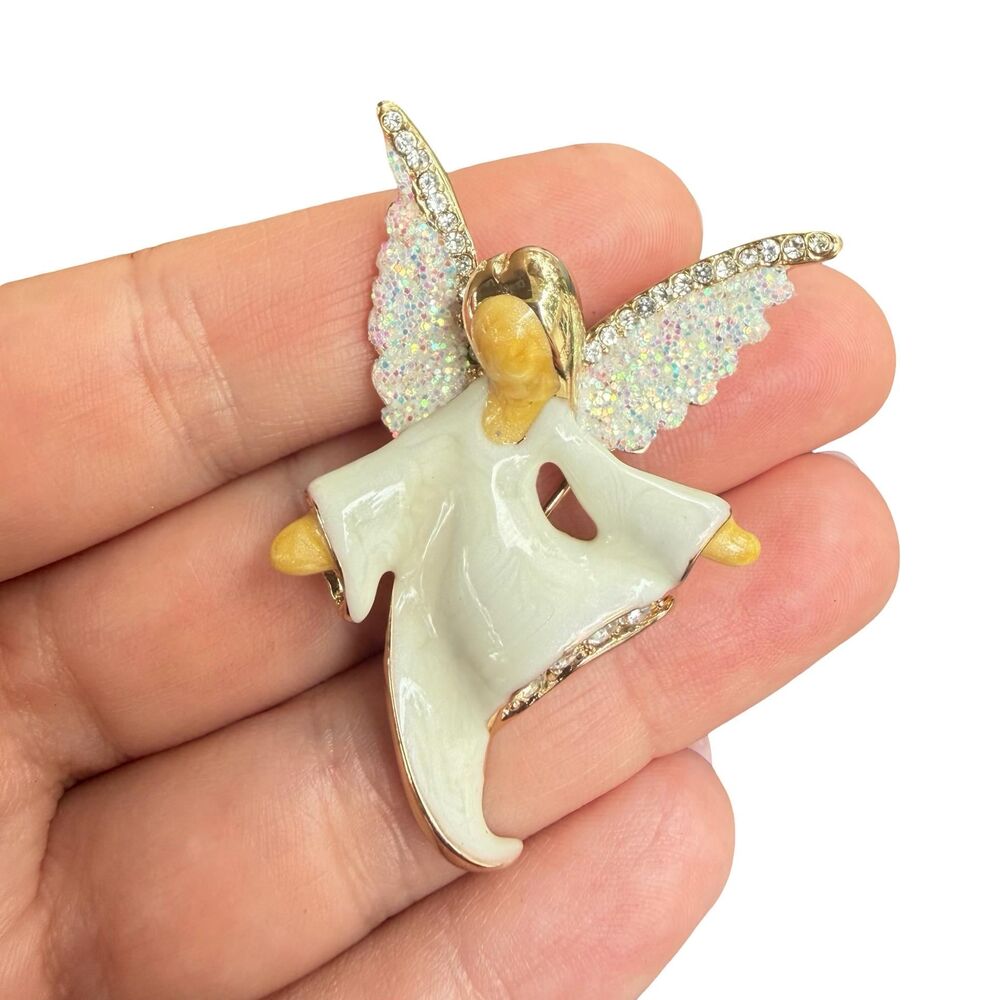 Christmas Angel Brooch Cream Enamel Rhinestone Holiday Brooch, Christmas Jewelry